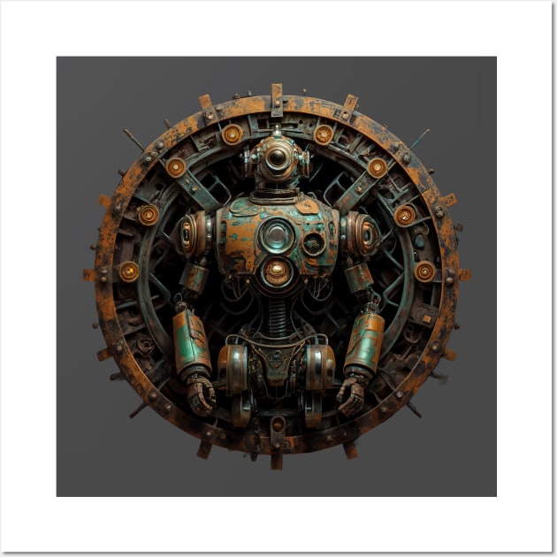 A.I. generated robot art in a circular emblem - verdigris and rust Wall Art by Sorry Frog